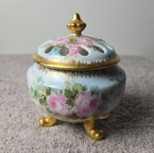 Antique Prussian China Hair Receiver, Powder Or Trinket Box